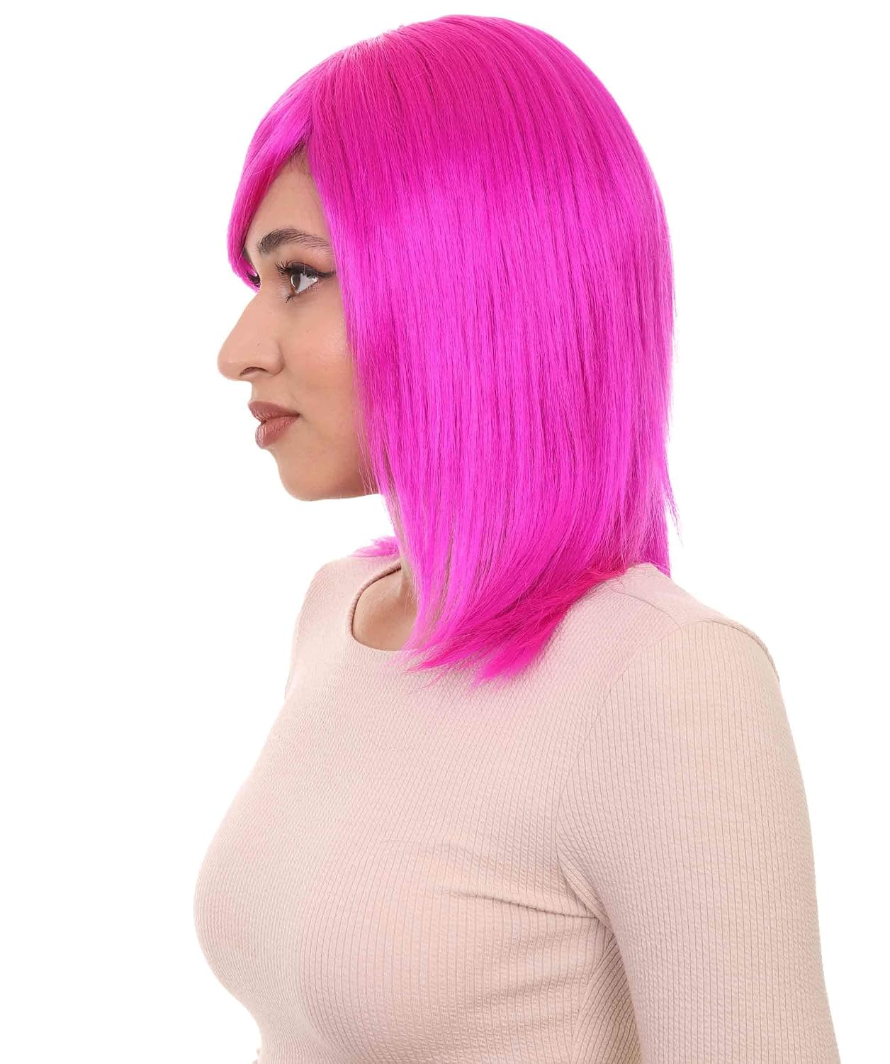Short Natural Costume Wig with Bangs, Multiple Color Options, Capless Wig Cap (Fuchsia)