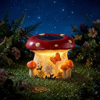 Solar Light Mushroom House Garden Figurine, Red with White Spots, Outdoor Lawn Yard Balcony Decoration Statue with Flowers and Butterfly