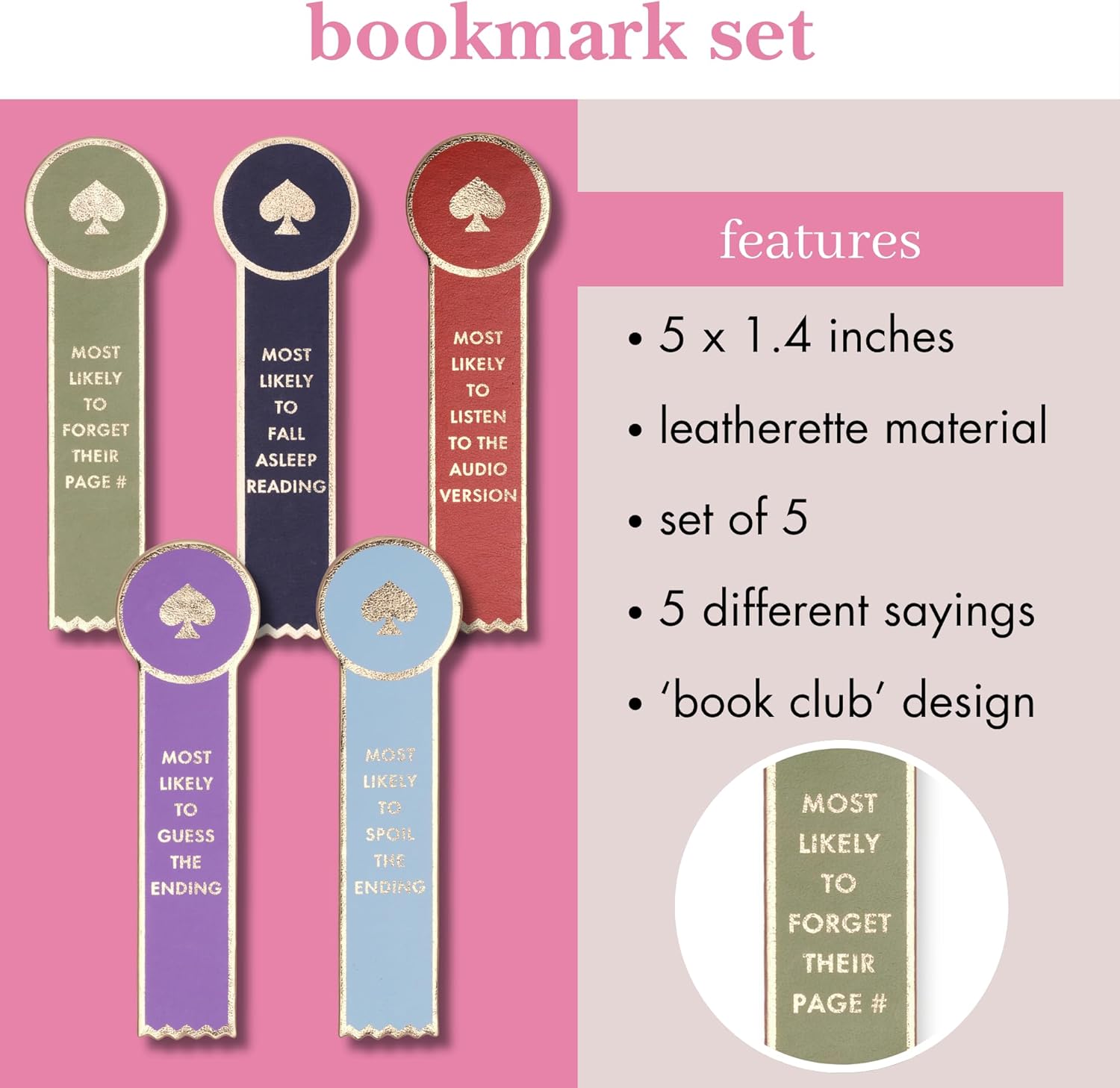 kate spade new york Novelty Bookmark Set of 5, Cute Faux Leather Book Markers (Book Club Superlatives)