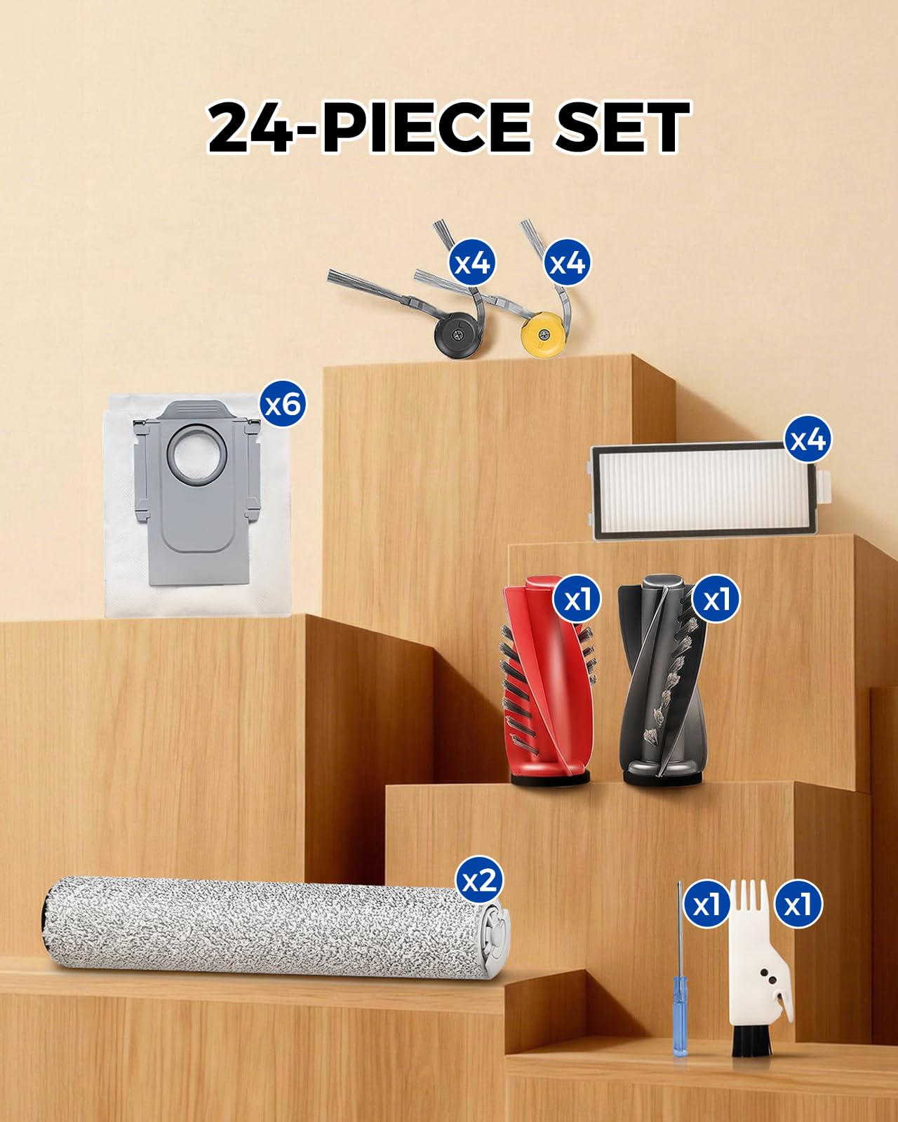 Akcesoria do roborock Qrevo Curv 2 Flow: 2 szczotki główne, 2 mopy obrotowe, 4 filtry HEPA, 6 worków na kurz, 6 szczotek bocznych, 1 szczotka do czyszczenia