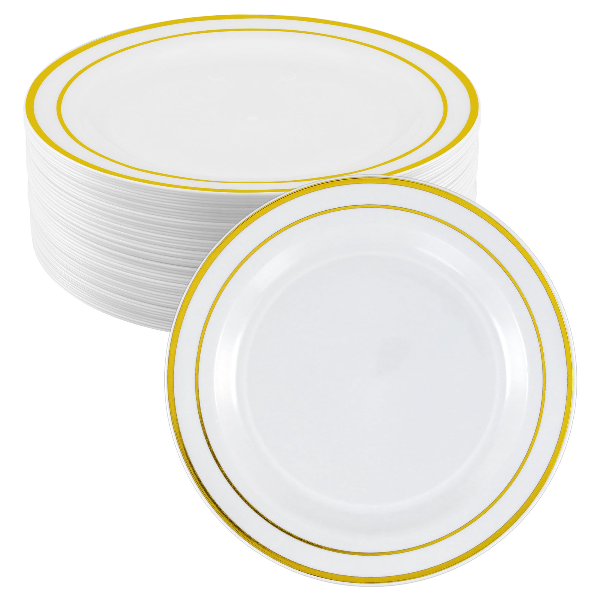 Lot de 50 assiettes en plastique blanc avec bord doré, 26 cm, assiettes réutilisables pour mariages, anniversaires et événements