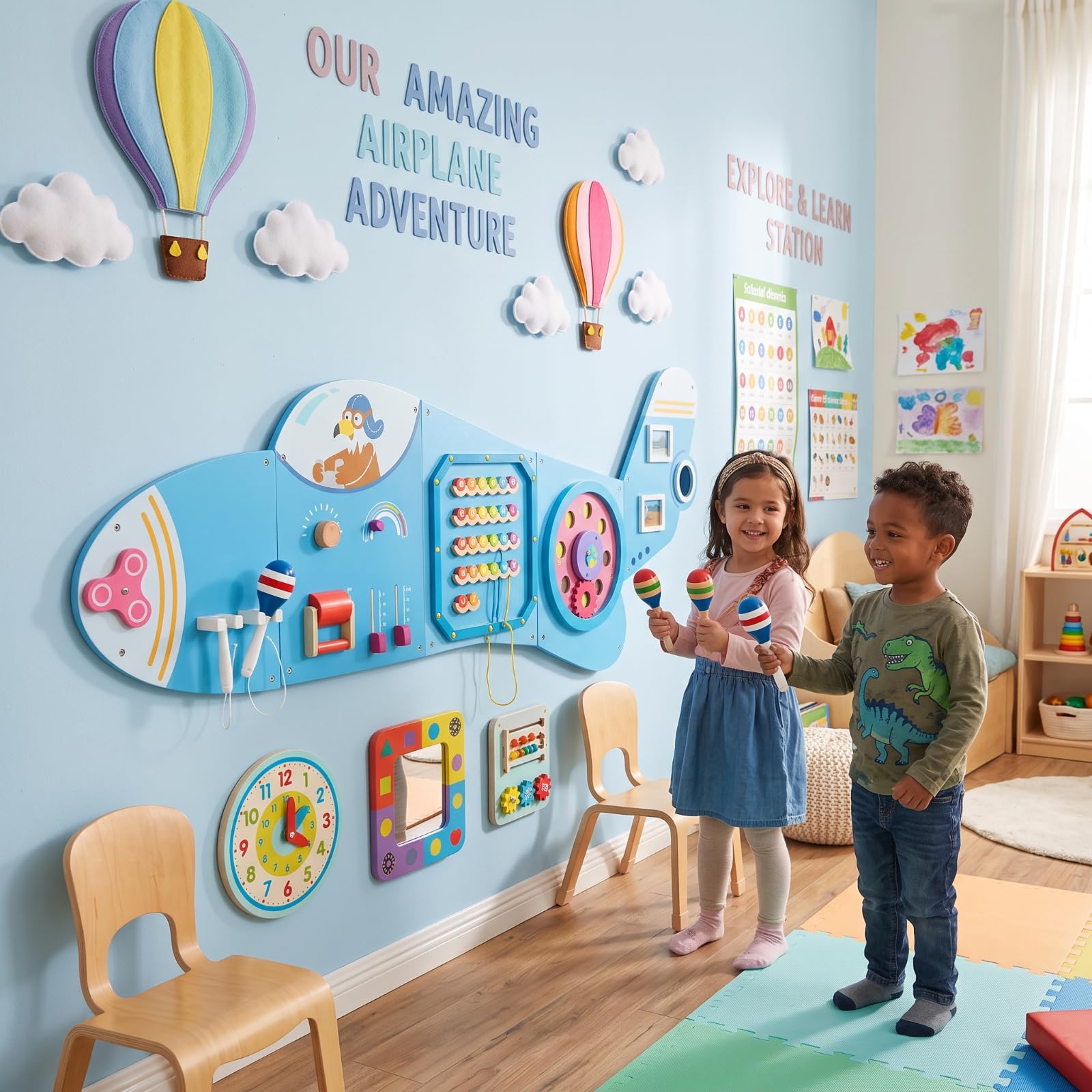 Colcolo Busy Board Resistente Interactivo, Tablero Pared con Forma Avión, Seguro, Panel Actividas Pared, para Guarría, Niños