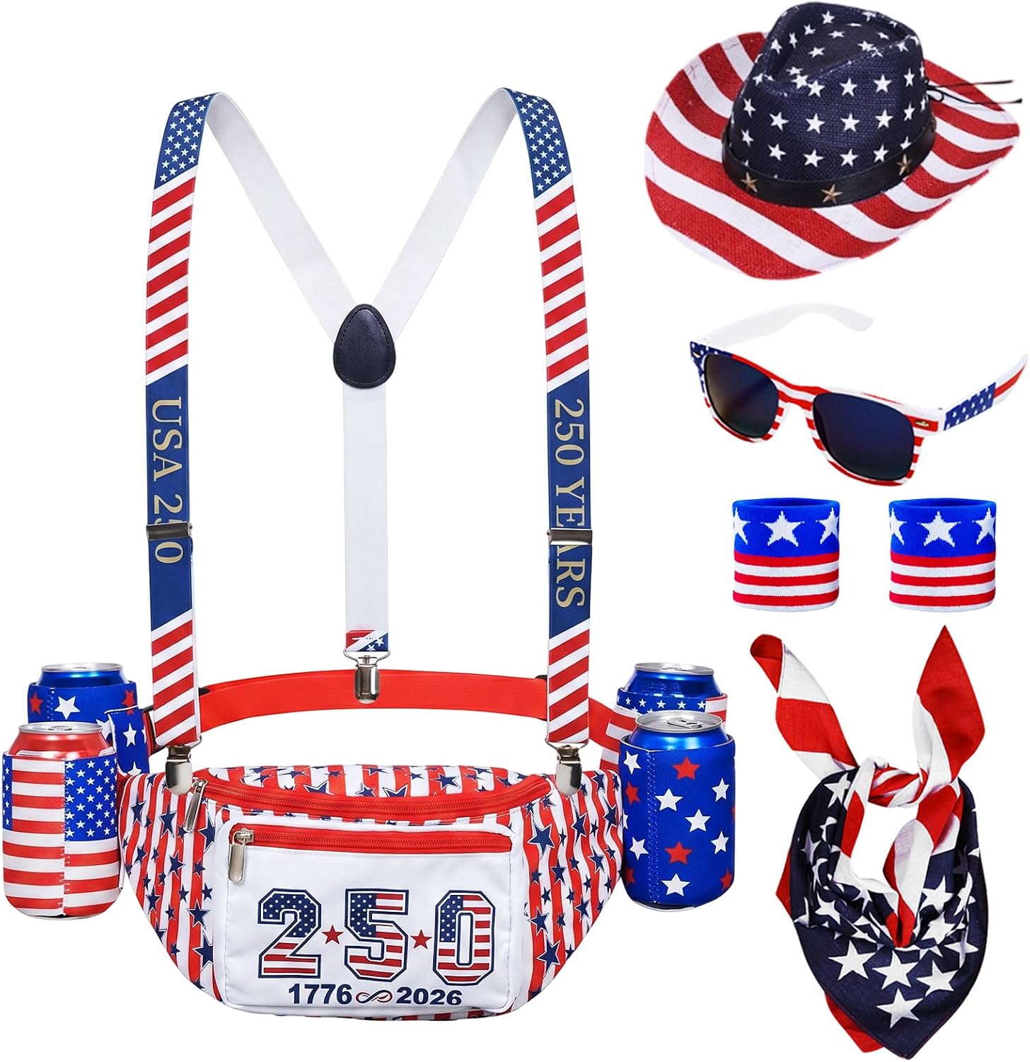 4th of July Patriotic Fanny Packs,USA Beverage Beer Belt Set with Suspenders Drink Holder Flag Headband Wristband Sunglasses for Independence Day (Waist Pack Set 8)
