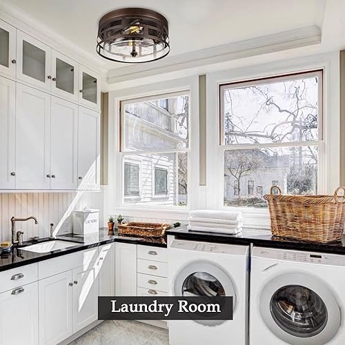 Miniatura 8 de ROS61A ORB - Lámpara de techo de montaje empotrado, 12 pulgadas, 2 luces, moderna, rústica, cerca del techo, con vidrio sembrado, para dormitorio,