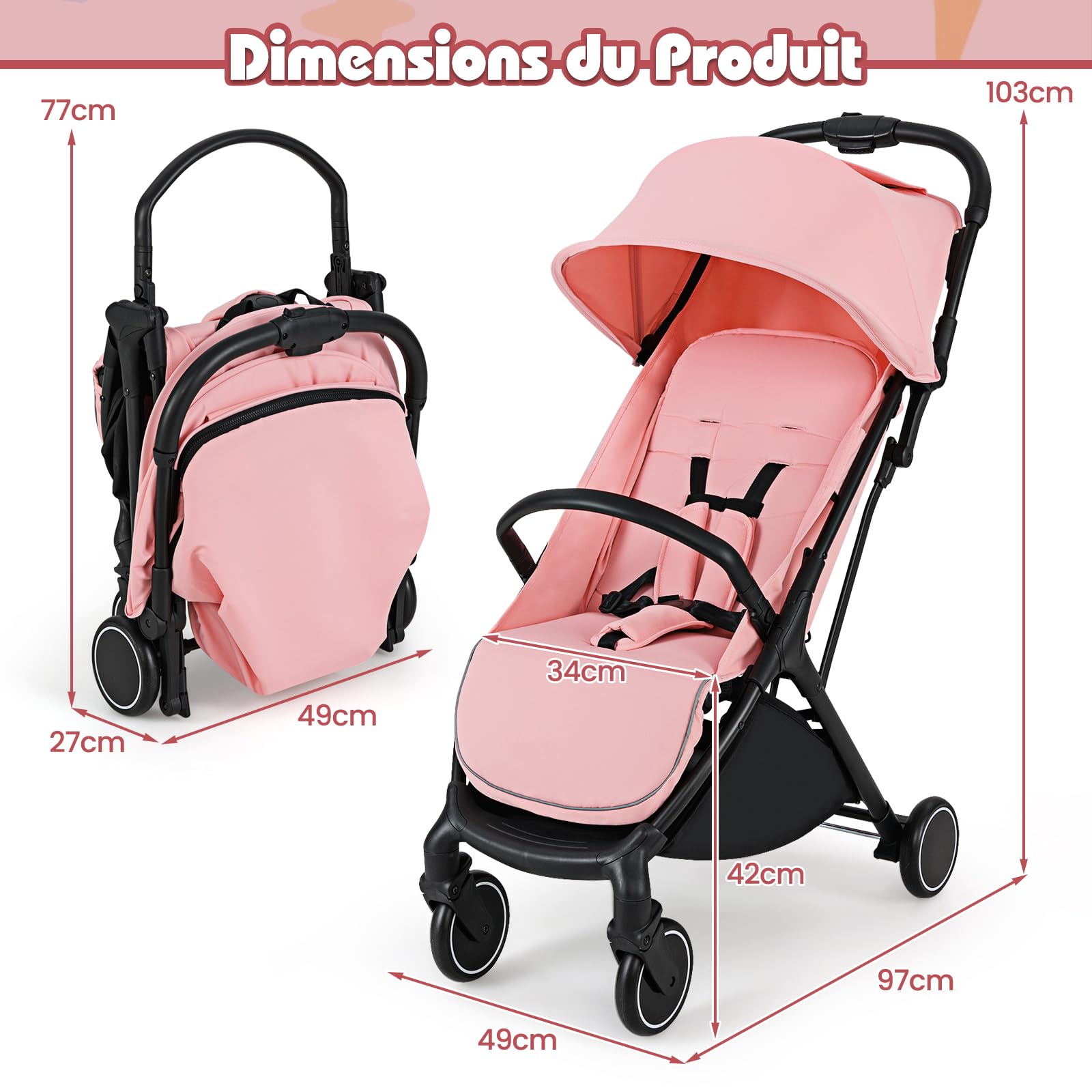 GOPLUS Poussette Canne pour 0-3 Ans, Charge 15KG, Pliable en 1 Bouton, Poussette Bebe Légère et Compacte avec Double Frein, Dossier Réglable, Sangle de Sécurité en 5 Points (Rose)