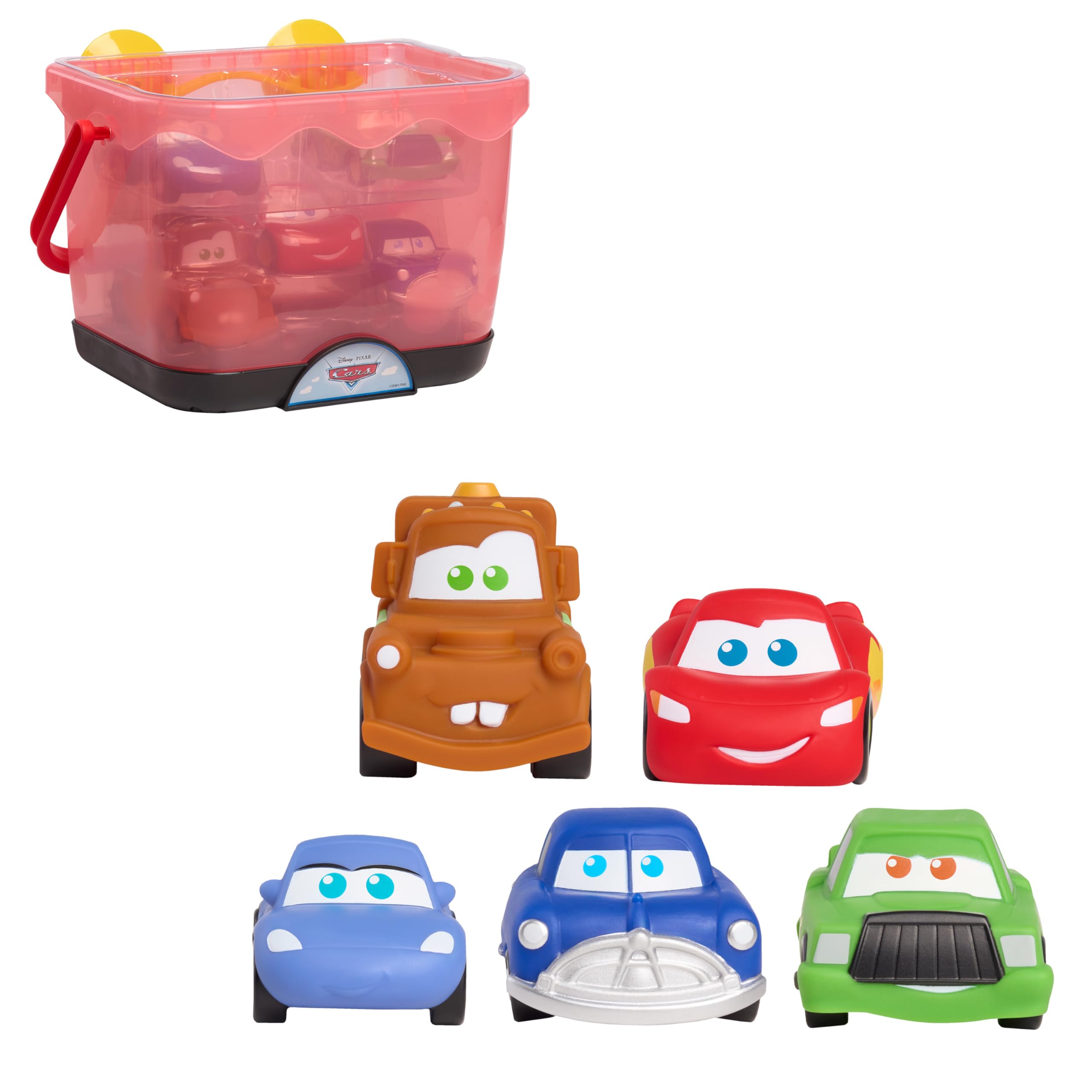 Disney and Pixar Cars Bath Caddy, 6-pieces, 5 Bath Toy Figures Sealed for Safety, Attaches to Wall, Bath Toy for Fans, Girls, Boys, Kids, Ages 3 and Up