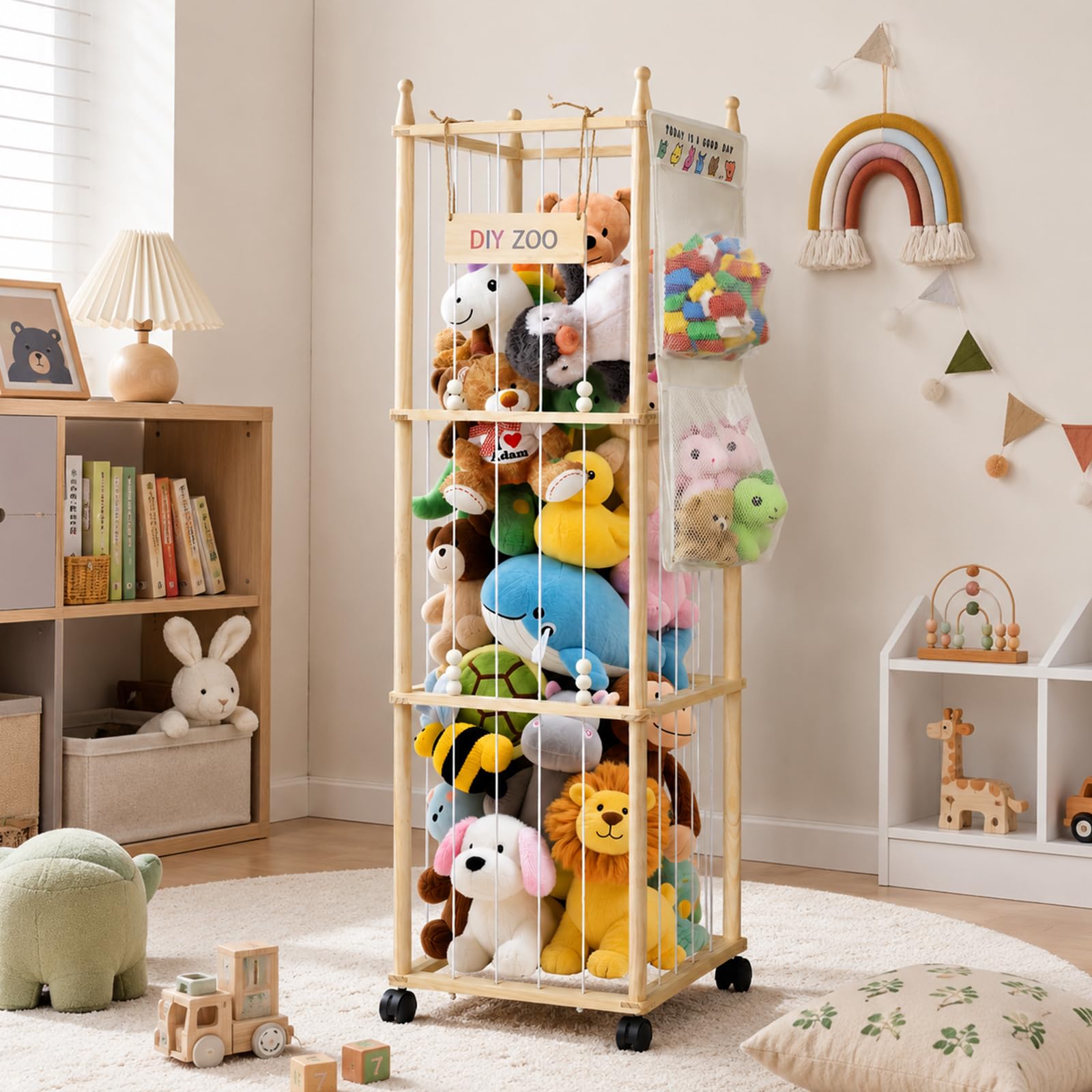 Porta Peluche in Legno Massello, Portapeluche con Ruote Frenate a 360°,138 * 40 * 40cm, Conserva e Protegge i Peluche, per le Camere dei Bambini, le Sale Giochi, i Soggiorni Con borsa portaoggetti