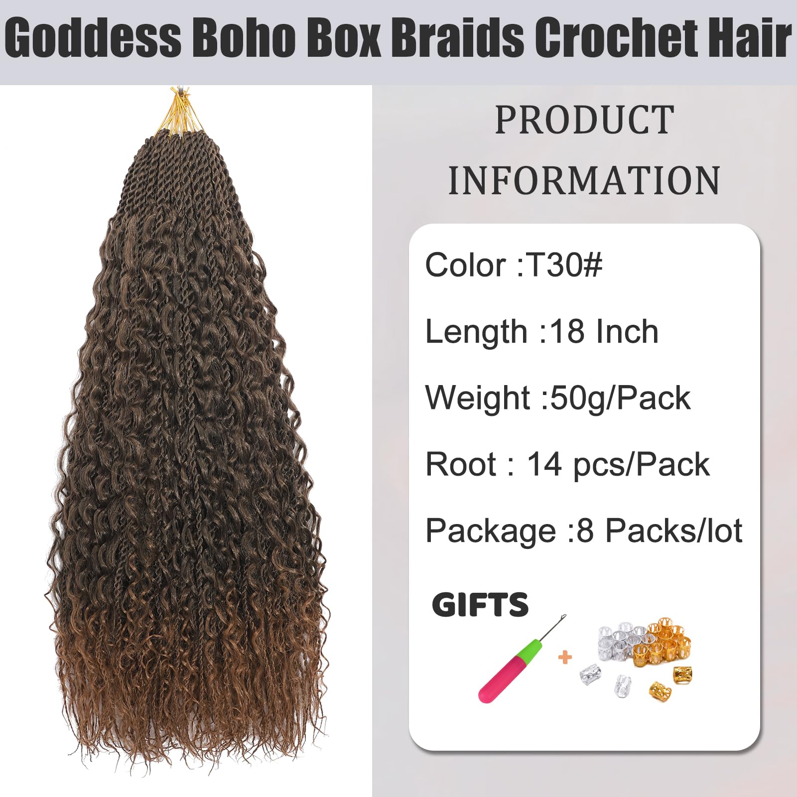BLTYXT Goddess Boho Box Braids Crochet hair 18 Inch 8 Packs Pre Looped Water Wave Crochet Hair for Women Hair Extension (T30 - Image 2