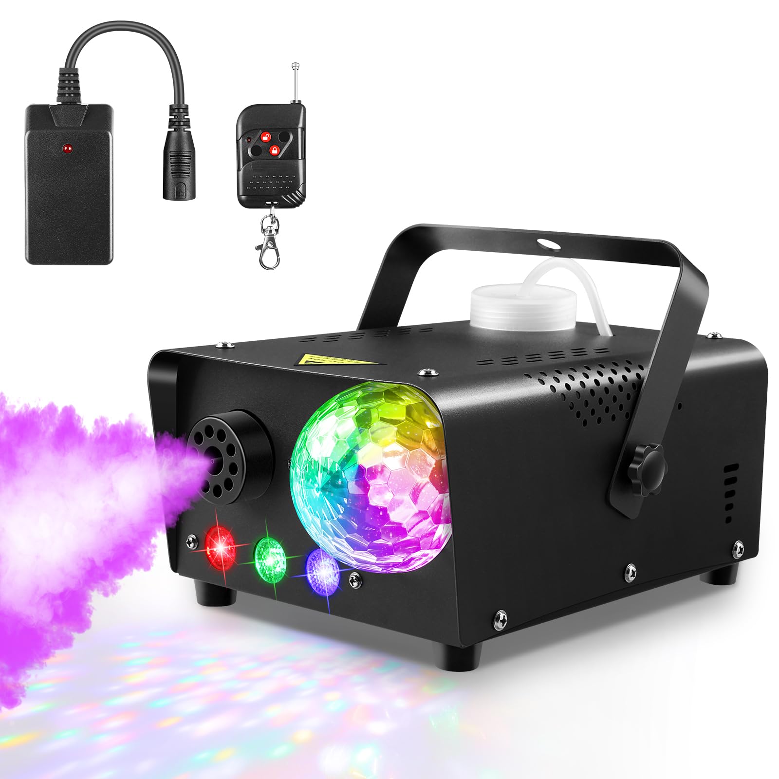 Photo 1 of Fog Machine, Halloween Smoke Machine with 3 Color LED Lights and Disco Light, Wireless Remote Control, 600W Power and 2300CFM Fog Output, Perfect for Festivals, Parties, Clubs, Stage Performance