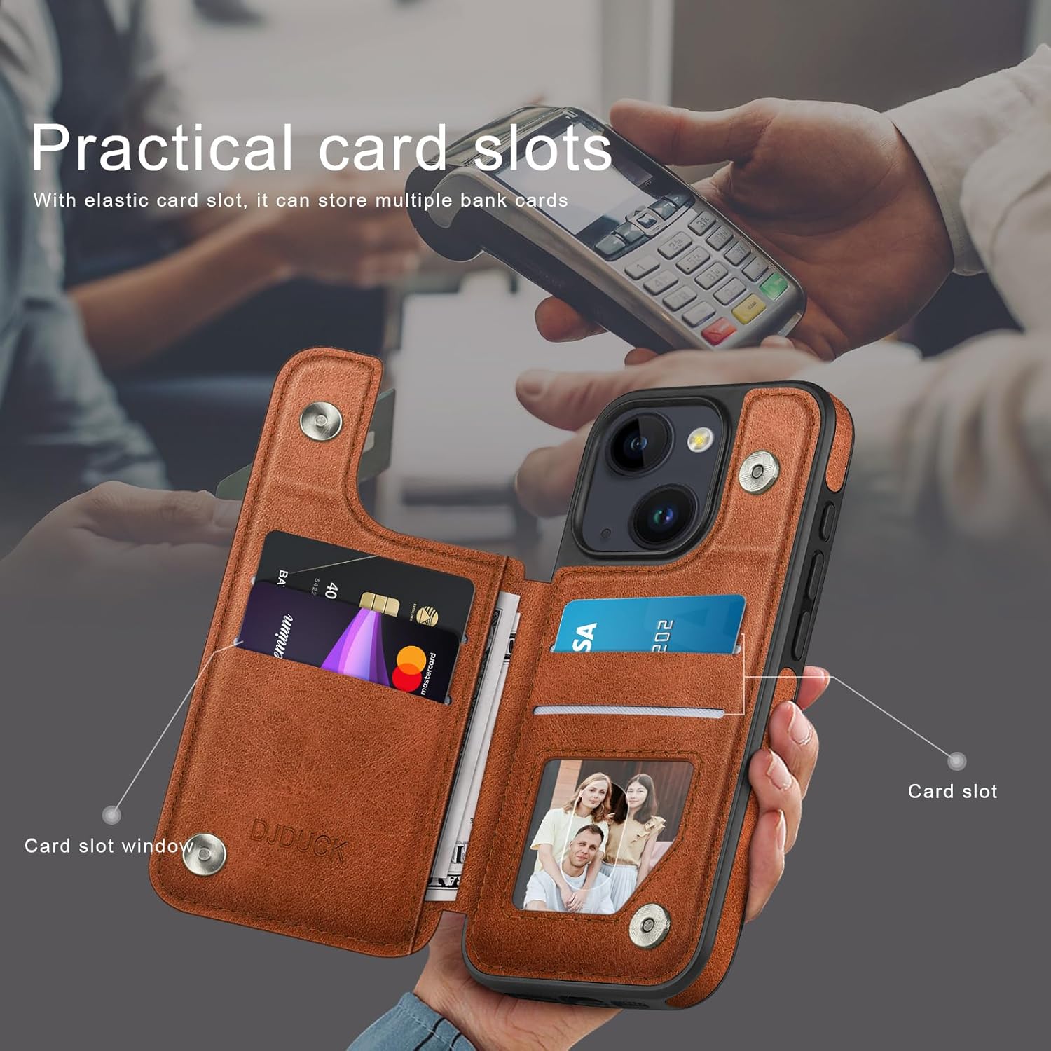 DJDUCK Designed for iPhone 15 Case Wallet with Card Holder, [Magnetic Clasp Cover] [RFID Blocking Leather Protection] Shockproof Women Men Cases 6.1 Inch for Apple 15 Light Brown - Image 3