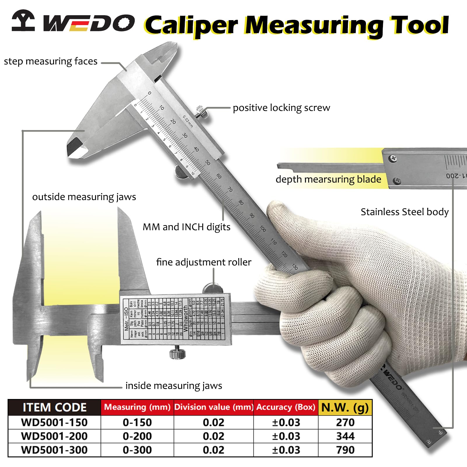 WEDO Calibrador, herramienta de medición de calibradores de 0 a 200 mm, herramienta de medición de conversión de pulgadas y milímetros, acero inoxidable, perfecto para medición doméstica/bricolaje
