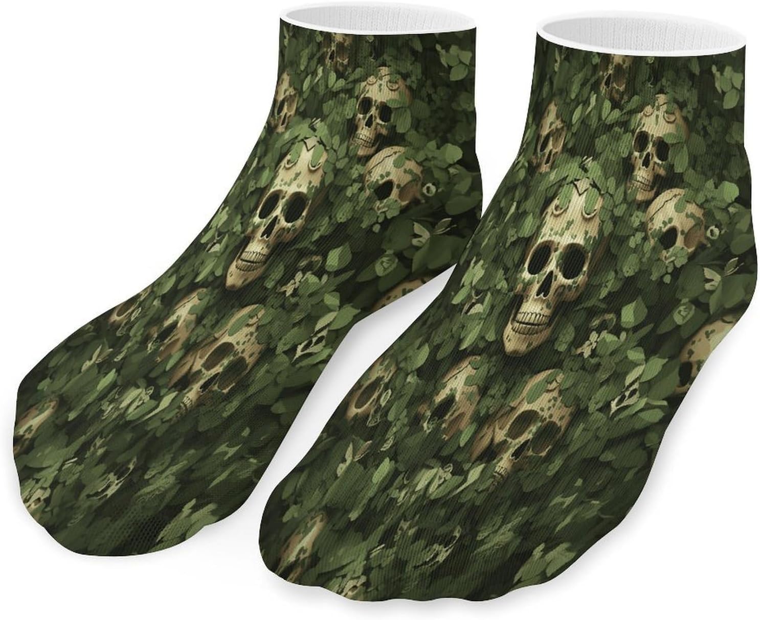Green Skull Leaves Ankle Socks for Men Women 5 Pairs | Comfortable Casual Low Cut Socks, Lightweight No Show Breathable Athletic Socks, Soft Mini Crew Socks for All Seasons