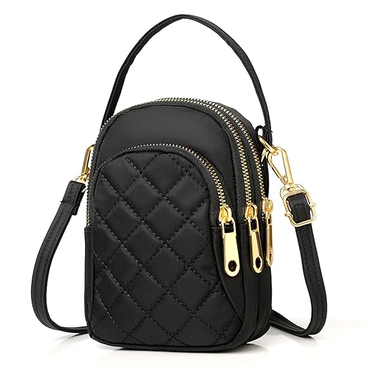 Small Crossbody Cell Phone Purse for Women Quilted Purse Black Multi Pockets Nylon Crossbody Phones Bag with Strap iphone Handbag Cellphone Cross Body Purse