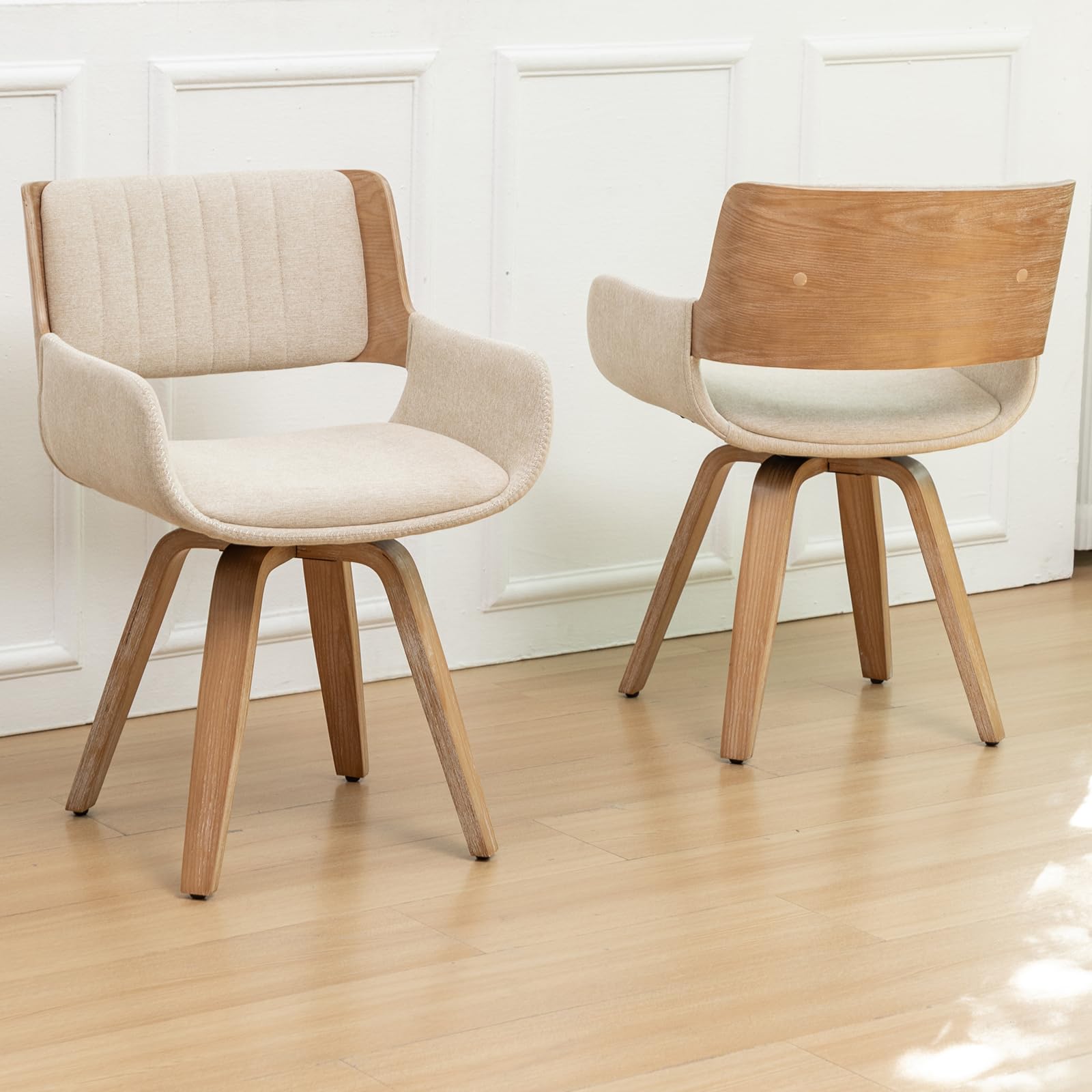 LUNLING Swivel Dining Chairs Set of 2 with Arms,Beige Accent Charcoal Linen Look Fabric Kitchen Chairs,Retro Solid Wood Legs Side Desk Chairs No Wheels