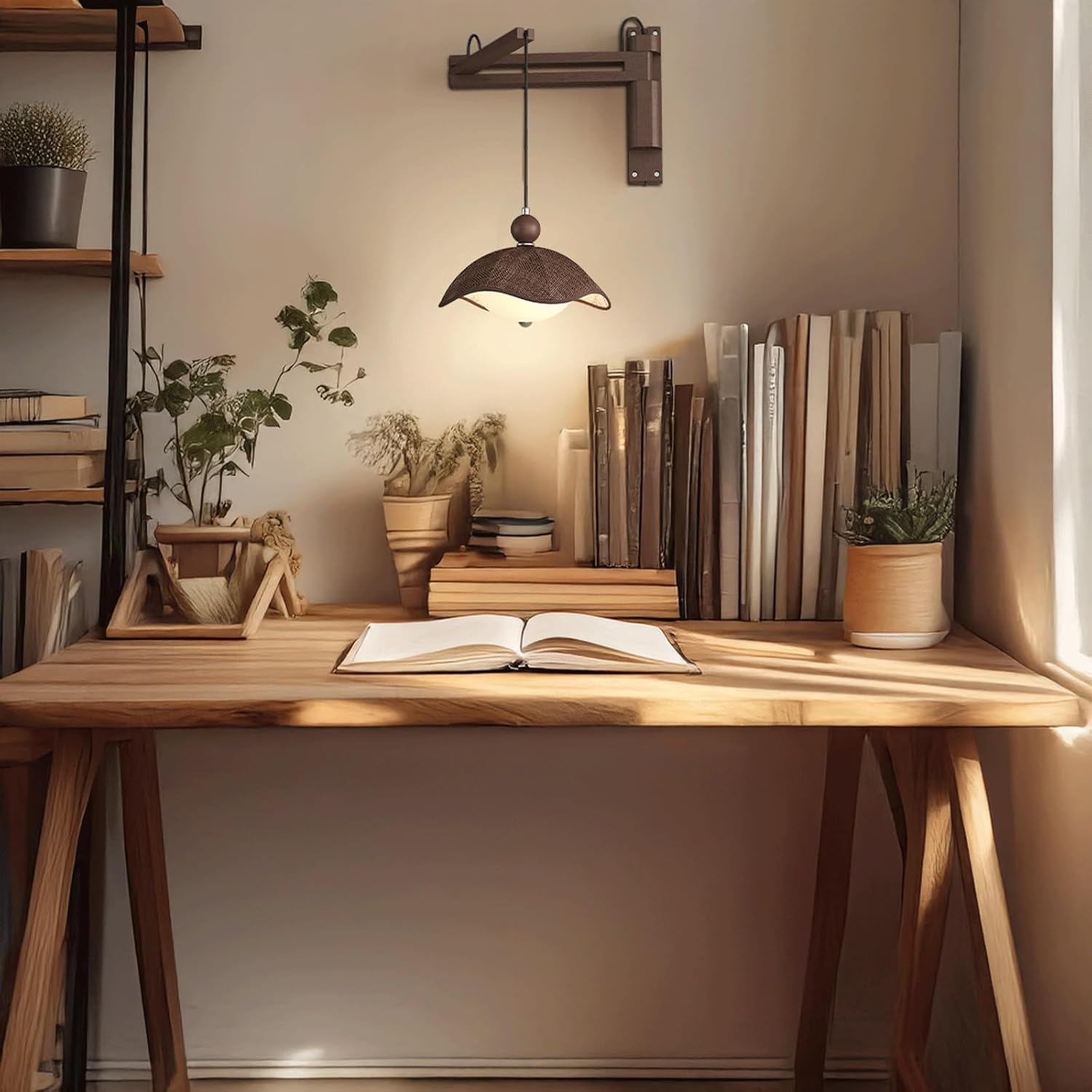 Modern Wall Sconce Dimmable Simple LED Wall Lamp Solid Wood Iron Swing Arm & Fabric Plastic Shade for Living Room Bedroom Bedside Hallway Study Nordic Ambient Lighting Fixture Hardwired