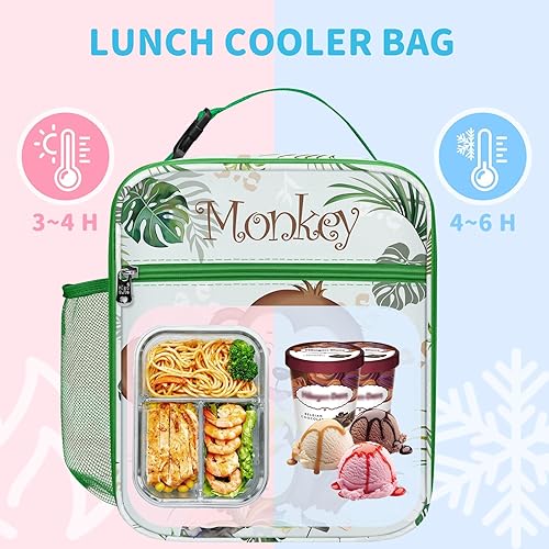 Miniatura 2 de Clastyle Bolsa de almuerzo aislada para niños y niñas, lonchera escolar con diseño de mono marrón, linda bolsa enfriadora para picnic al aire libre,