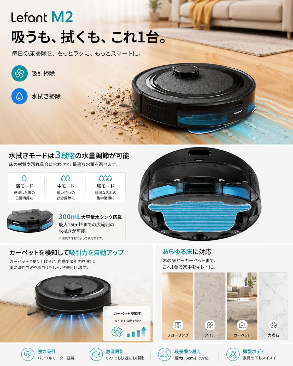 Amazon | Lefant M2 ロボット掃除機 水拭き両用 6000Pa強力吸引 毛絡み