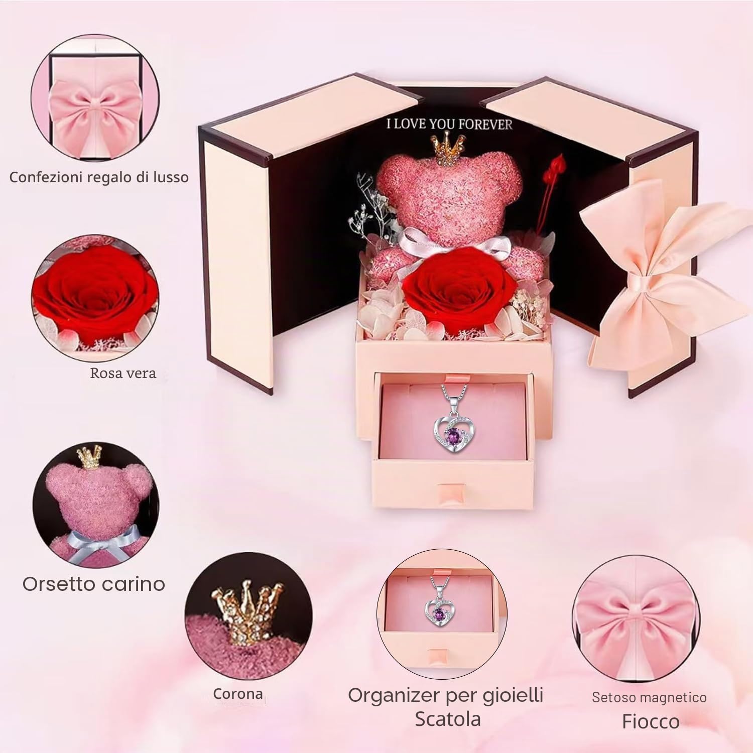 Rosa Stabilizzata Rossa,Romantico Rosa Eterna,Red Fiori Jewelry Box Con Collana,Pacco Regalo per Natale,Mamma,San Valentino Festa Della Mamma Anniversario Matrimonio per Lei
