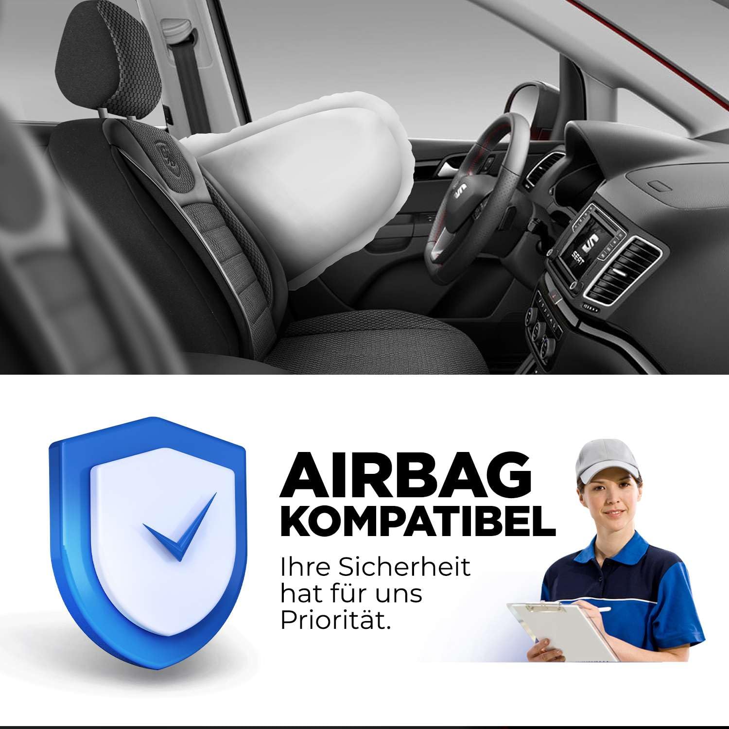 Autositzbezüge Universal für PKW & SUV – Premium Vordersitze Auto Sitzbezug aus Webstoff, Schwarz, Airbag-Kompatibel Sitzauflage, Autoschonbezug, Vordersitz-Set inkl. Montageset