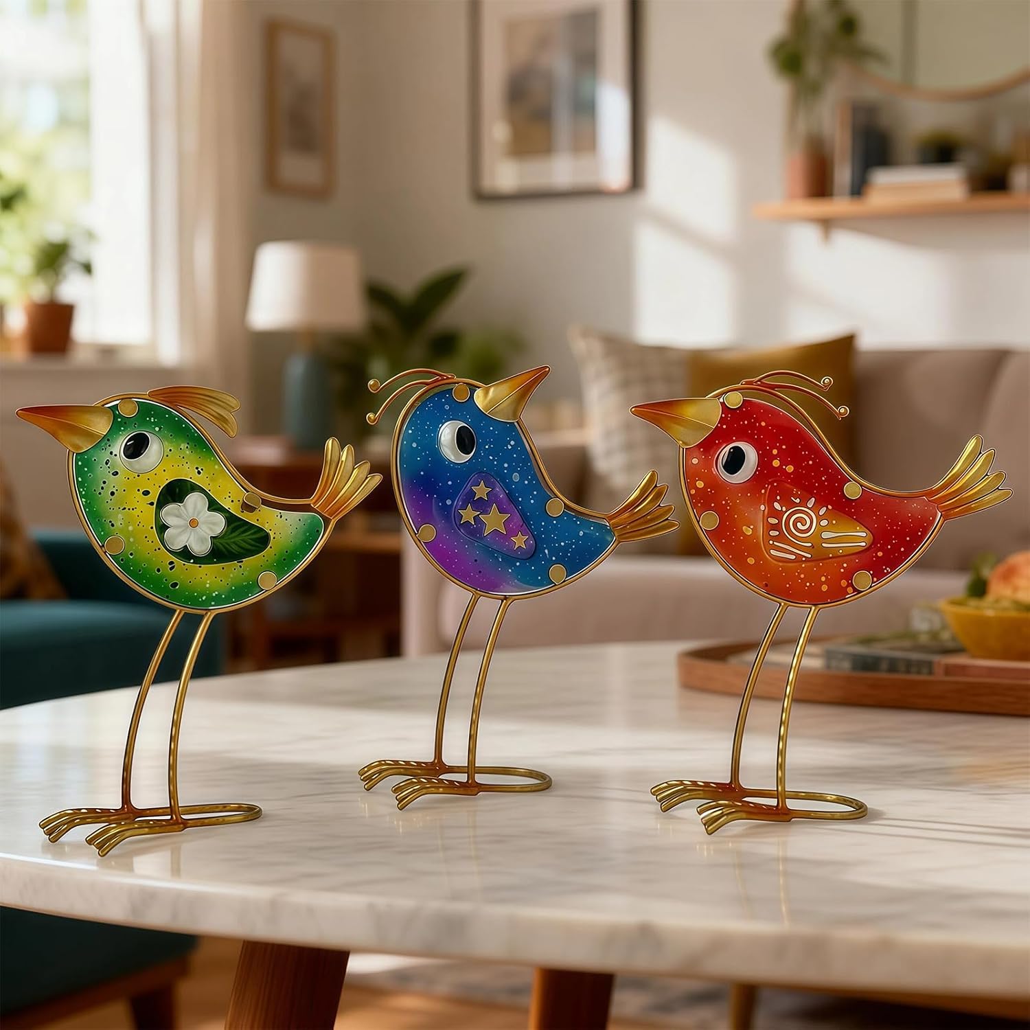 HONGLAND Garden Decor, Set of 3 Funny Metal & Glass Bird Statues for Indoor Outdoor, Colorful Yard Art with Hand-Painted Glass, Gift for Home Garden Decorations