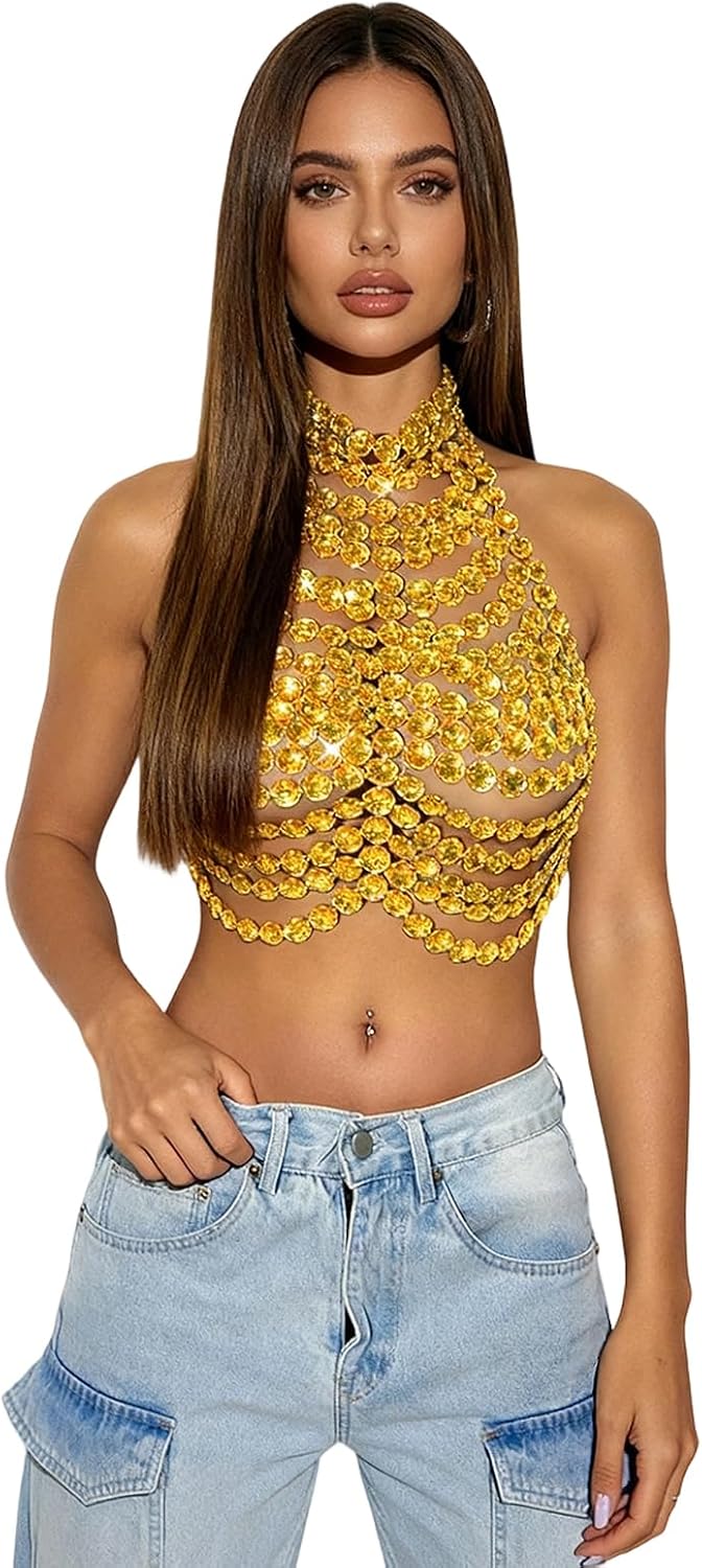 Rhinestone Chain Halter Vest Tops Gemstone Backless Body Chain Jewelry for Women Rave Nightclub Party Outfit