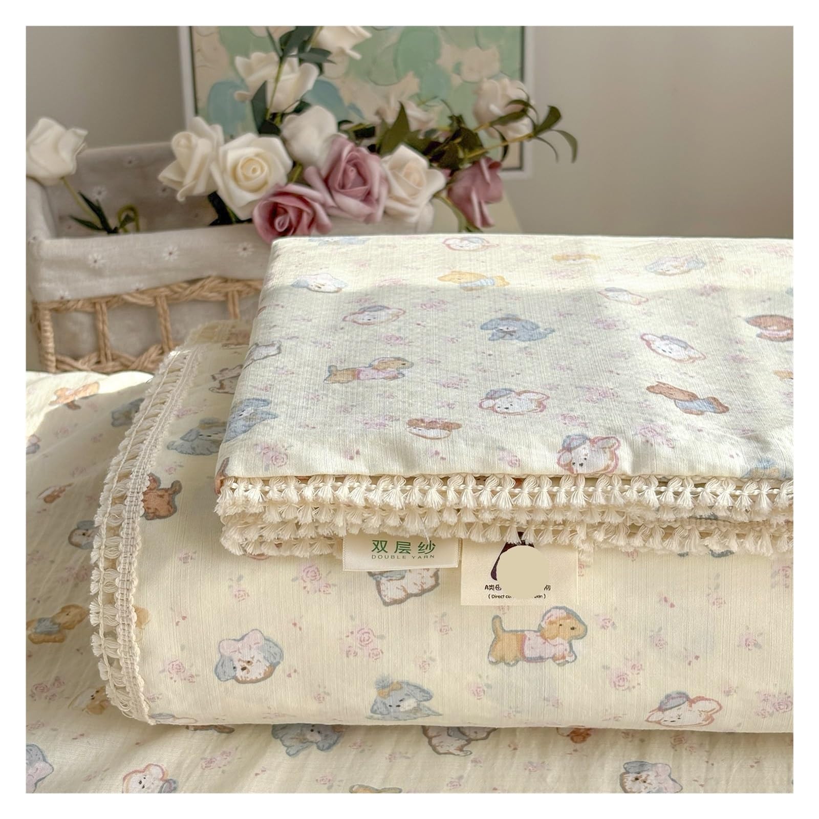 YGMNQAL Spring Summer Floral Print Double Gauze Bed Sheet With Fringe Lace Trim(Cute pet,120X230cm single)