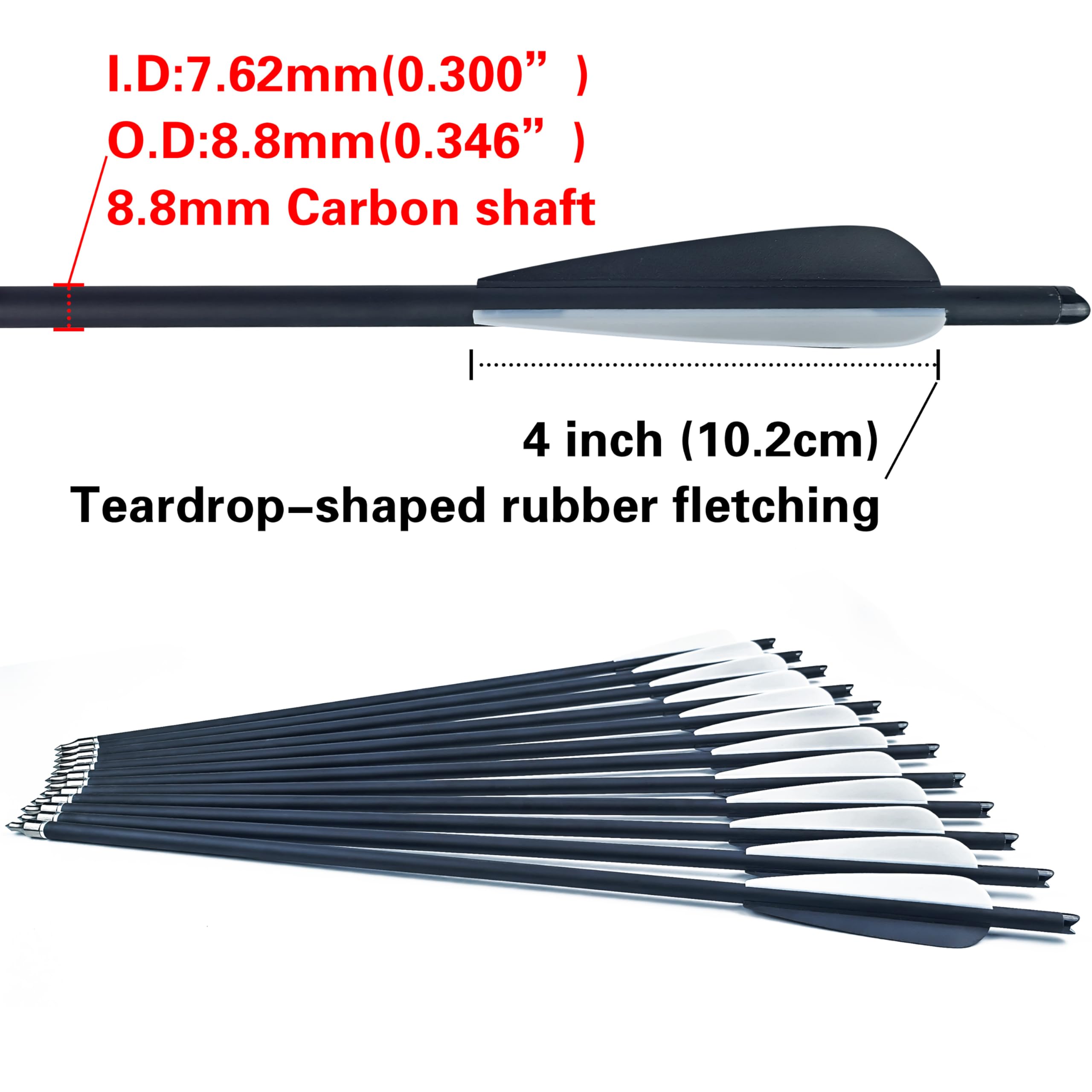 Carbon-Jagdpfeile im 12er-Pack – 8,8 mm Durchmesser, 4-Zoll-Befiederung – für Bogenschießtraining, Jagd und Outdoor-Schießen – 16, 18, 20, 22 Zoll