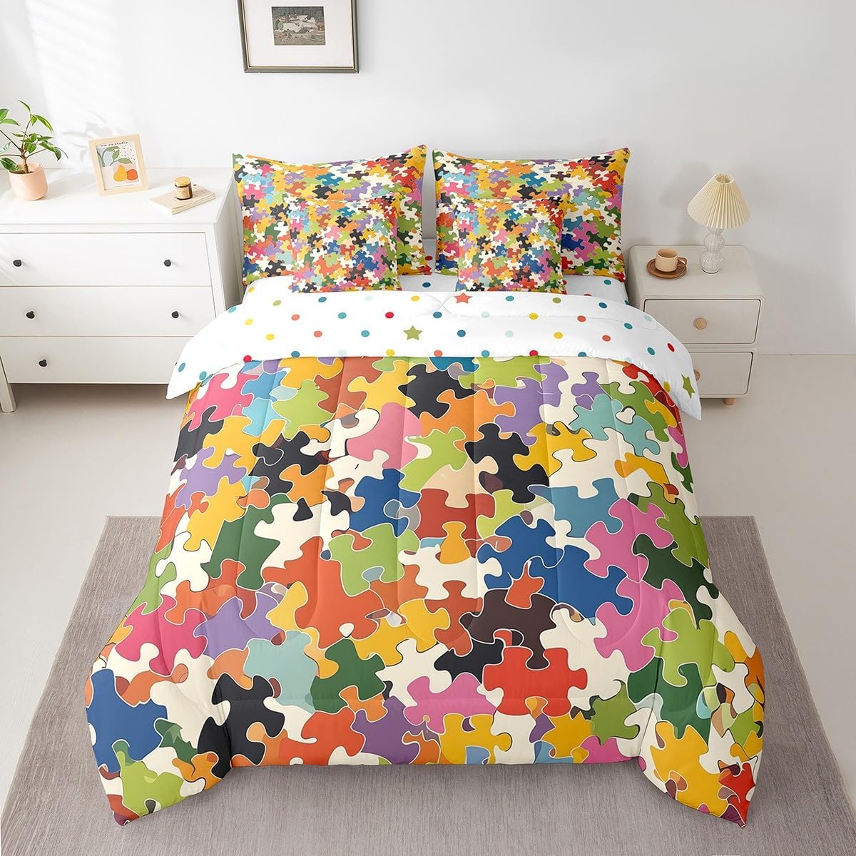 7 Pieces Full Size Puzzle Comforter Set,Geometric Squares Grids Patch Bedding Set,Boys Girls Room Decor,Abstract Gaming Building Blocks(Comforter+Fitted+Flat Sheet+2 Pillowcases+2 Throw Pillow Covers) image 2