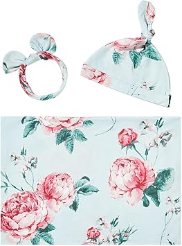 insular Swaddle Blankets Beanie Hat Headband Sets, Newborn Baby Girl Swaddle Sack, Receiving Blankets Infant Baby Gifts, Photo Props Photography, Blue Floral