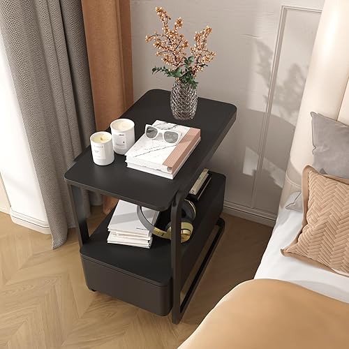 Miniatura 7 de Mesa auxiliar estrecha, mesa auxiliar con cajón y estantes de almacenamiento, moderna mesa de noche curva para sala de estar y dormitorio, mesita de