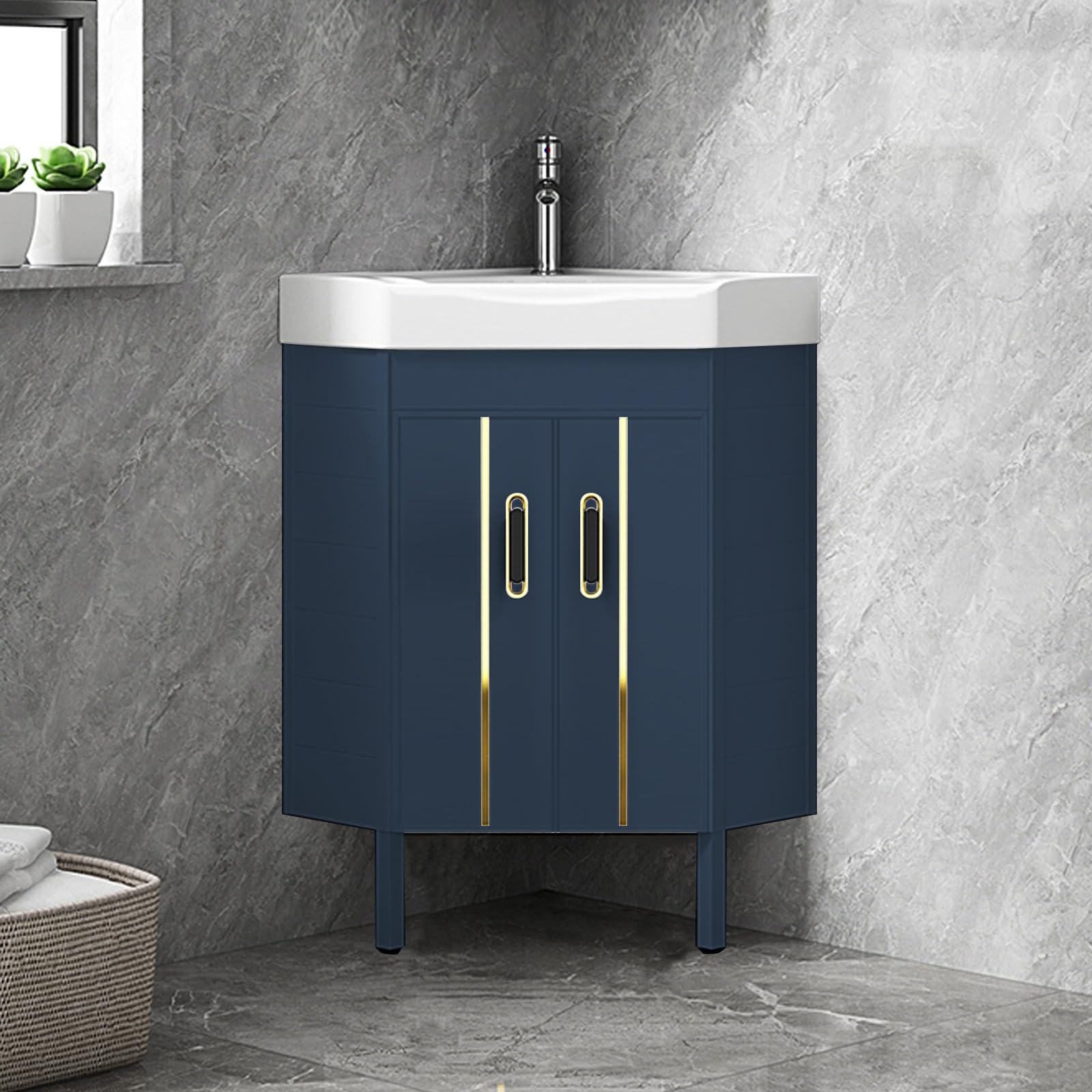 DFGHNBVC Compact Corner Vanity Sink, Space-Saving Floor Mounted Design With Ceramic Basin, Ideal For Tight Spaces In Bathrooms And Laundry Areas,Blue-48Cm/19In