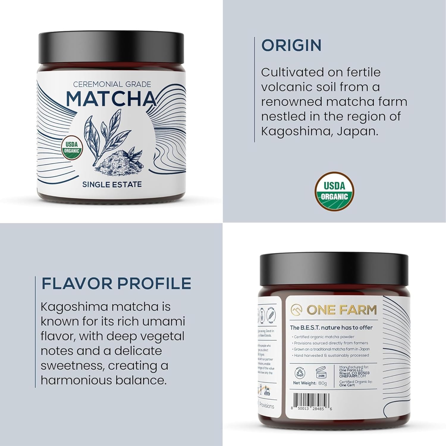 One Farm by WAAYB Organic Ceremonial Matcha Powder, 20 Servings, Single Estate Green Tea Powder, Non-GMO, Fair-Trade, Vegan, Gluten Free, Clean Energy and Focus in a Resealable Glass Jar