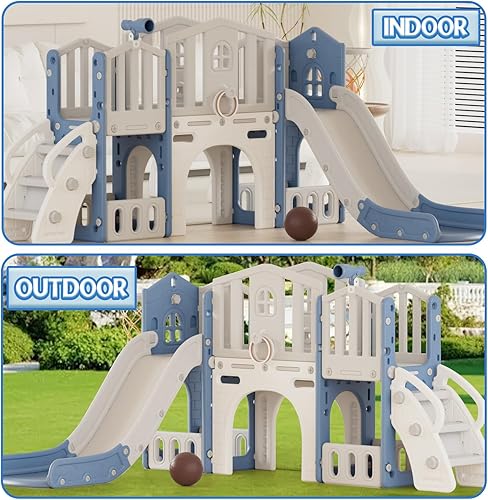 Miniatura 5 de XJD Juego de toboganes 9 en 1 para niños pequeños a partir de 1 año, juego de tobogán escalador con aro de baloncesto y pelota, parque infantil