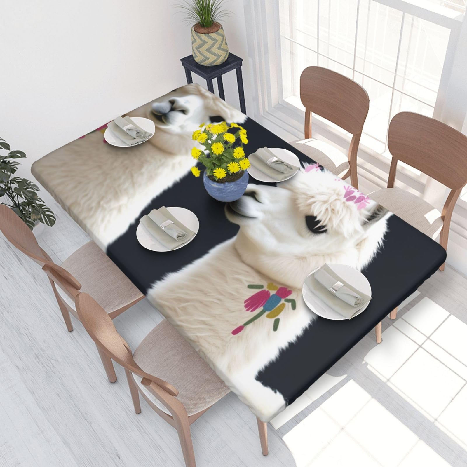 DCARSETCV Alpaca Llama Printed 4FT Waterproof Tablecloth with Elastic Edged Protect & Decor Your Table, Oil-proof Washable Table Cloth Cover for Dinner Picnic Party