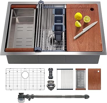 SANYCASA 28 Inch Undermount Kitchen Sink with Quiet Drain - 11 Gauge Stainless Steel, Single Bowl - Multifunctional Handmade Modern Integrated Ledge Workstation Set -