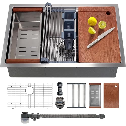 SANYCASA 28 Inch Undermount Kitchen Sink with Quiet Drain - 11 Gauge Stainless Steel, Single Bowl - Multifunctional Handmade Modern Integrated Ledge Workstation Set -