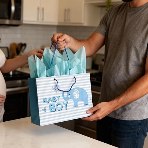 Miniatura 4 de DiffyGo Bolsa de regalo de bebé grande de 13 pulgadas para baby shower con papel de seda y tarjeta (azul)