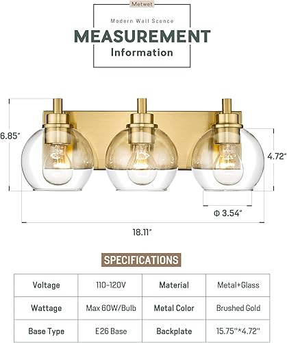Miniatura 3 de VL195-GD-3 - Lámpara de tocador de baño de 3 luces de oro cepillado, apliques de pared modernos con pantalla de globo de vidrio transparente, luces
