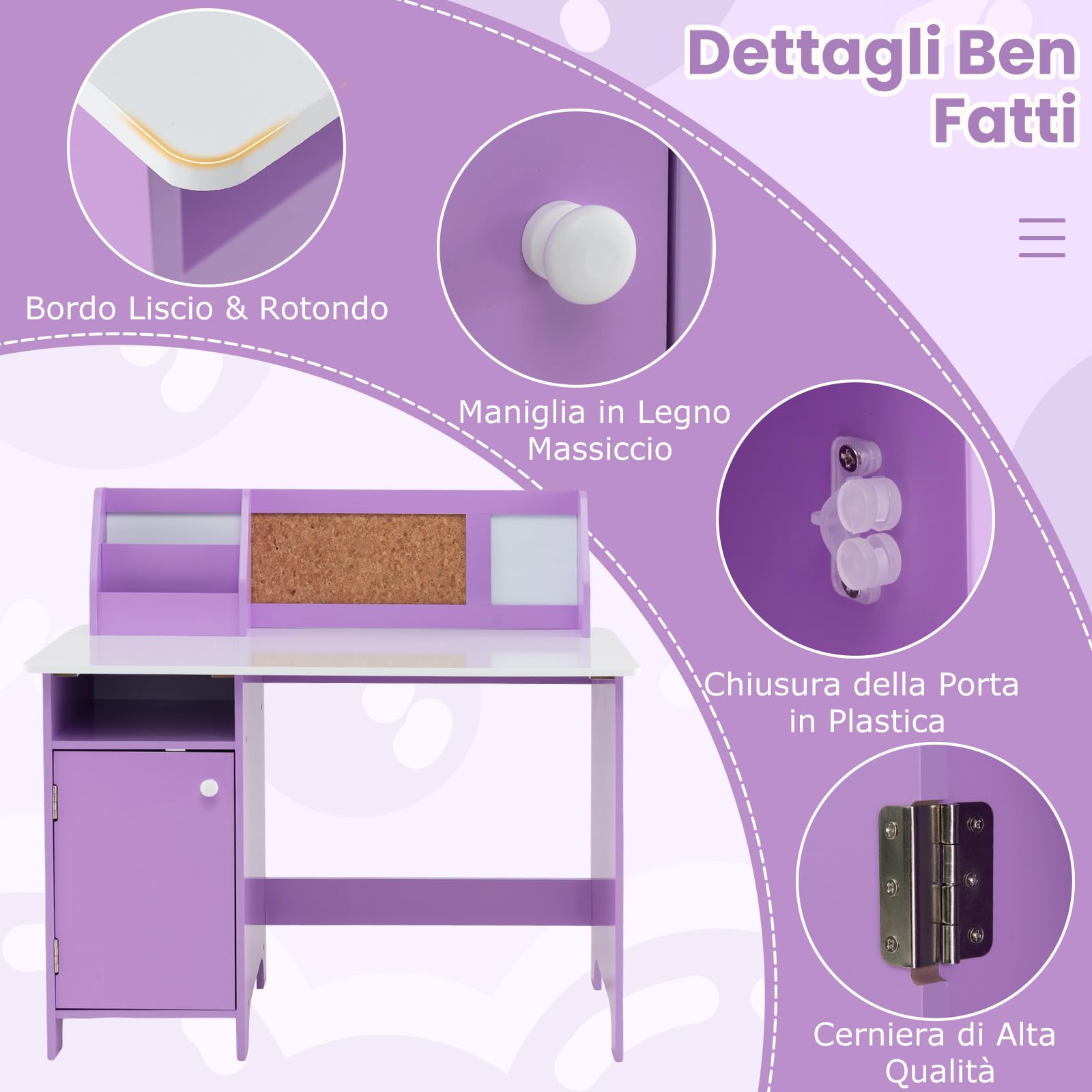 RELAX4LIFE Scrivania per Bambini con Sedia, Tavolo in Legno con Libreria, Armadietto, Pennarello, Bacheca e Lavagna, Postazione Computer per Studenti e Tavolo da Scrittura per 3+ Anni (Viola)
