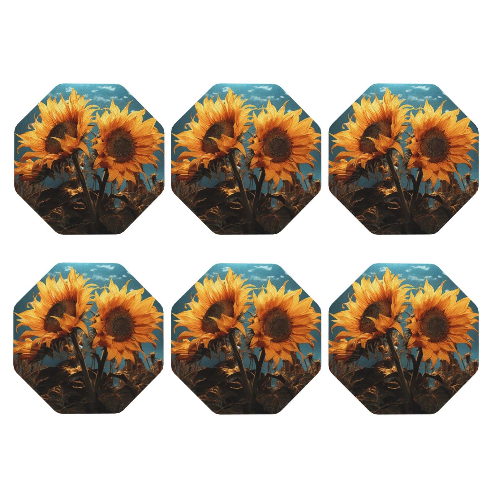 6pcs Leather Coasters for Drinks, Fantasy Sunflower Drink Coasters for Tabletop Protection, 4" Cup Coasters for Coffee Table Decor, Non-Slip Drinking Cup Mat for Hot Or Cold Drink