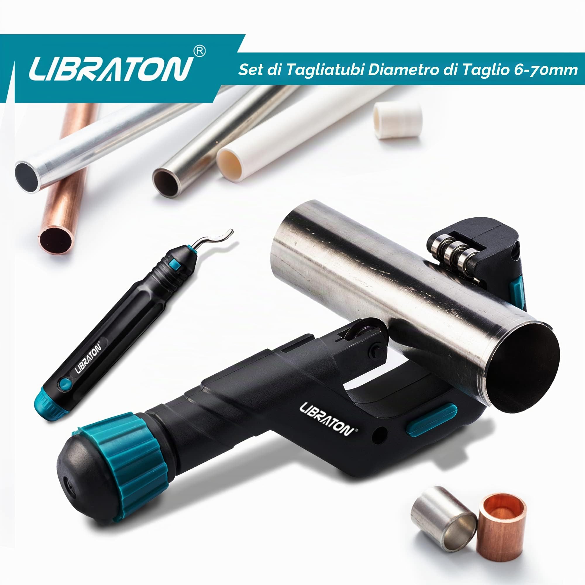 Libraton Tagliatubi, Tubo Tagliatubi Ø6-70mm per Tubi in Rame, Alluminio, Acciaio Inossidabile Sottile, Acciaio - Tagliatubi in Metallo per Impieghi Gravosi con Strumento di Sbavatura