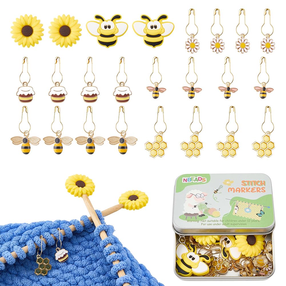 NBEADS 28 Pcs Bee Sunflower Stitch Markers Kits, Including 20 Pcs 5 Styles Alloy Stitch Markers with 4 Pcs Bees and Flower Knitting Needle Stoppers DIY Knitting Tool Sets for DIY and Handmade Crafts