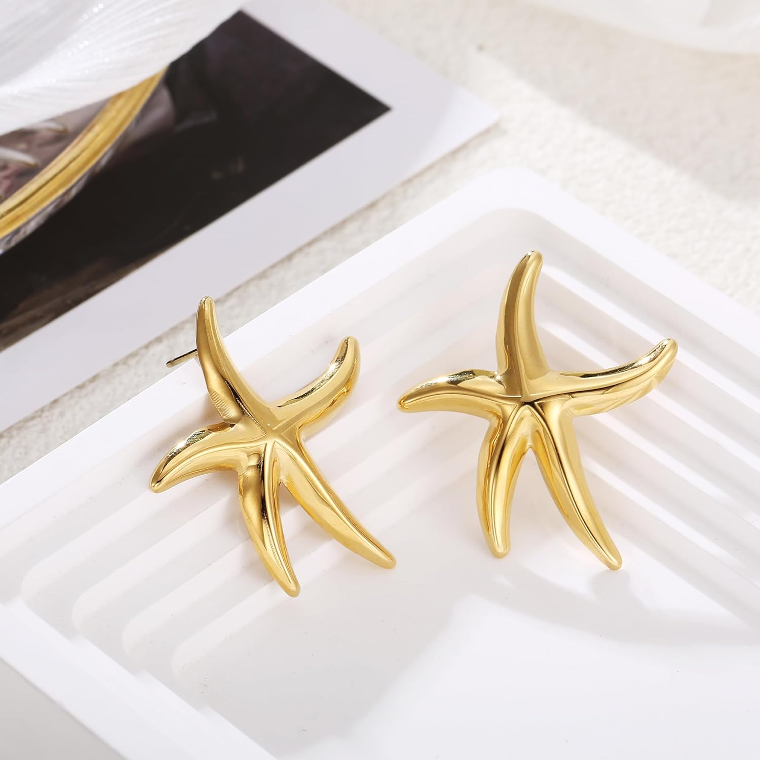 Gold Starfish Earrings for Women Textured Starfish Stud Earring Summer Beach Earring Vacation Jewelry - Image 5