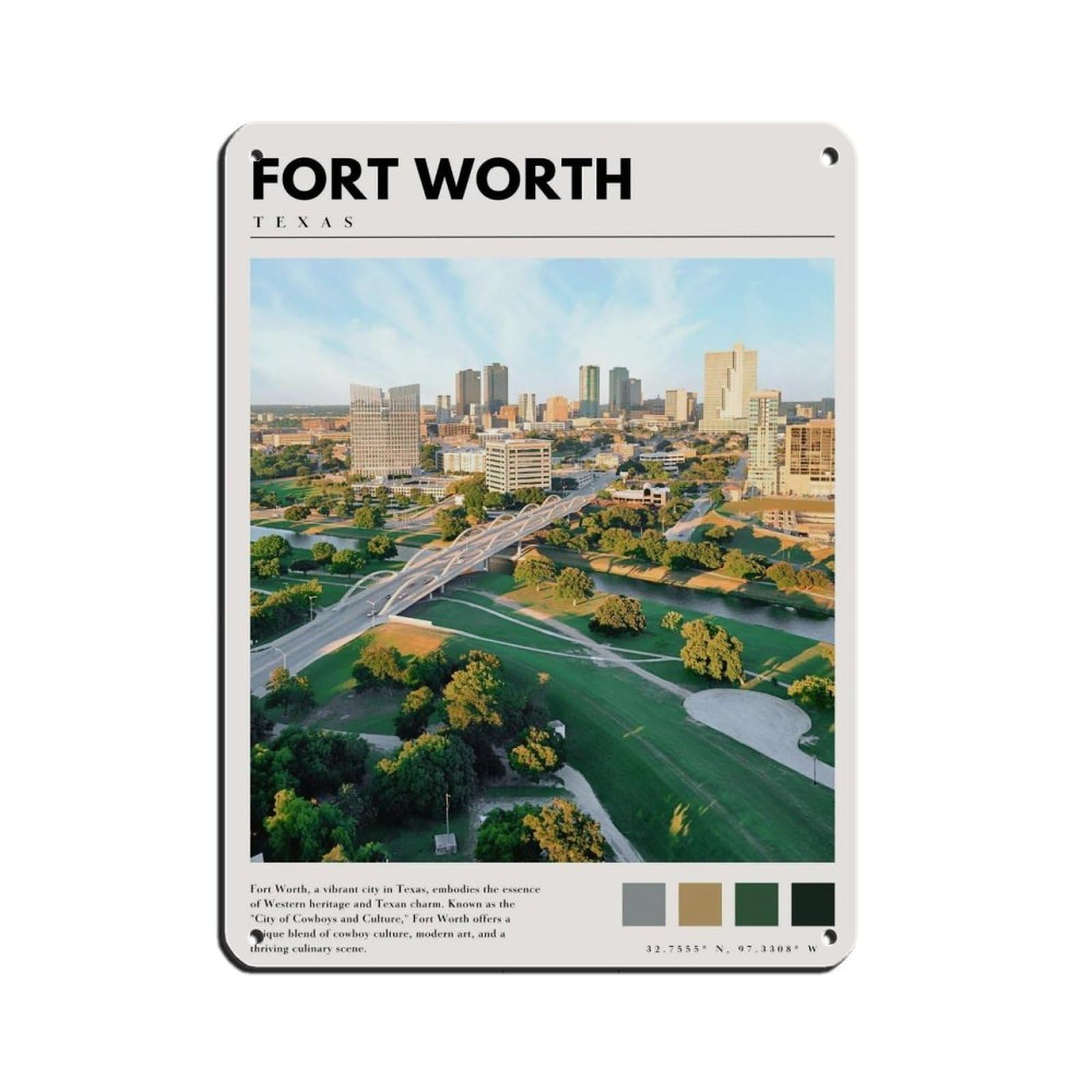 Fort Worth Dallas Texas Poster Art Retro Poster Metal Tin Sign Chic Art Retro Iron Painting Bar People Cave Cafe Family Garage Poster Wall Decoration 12x16inch(30x40cm)