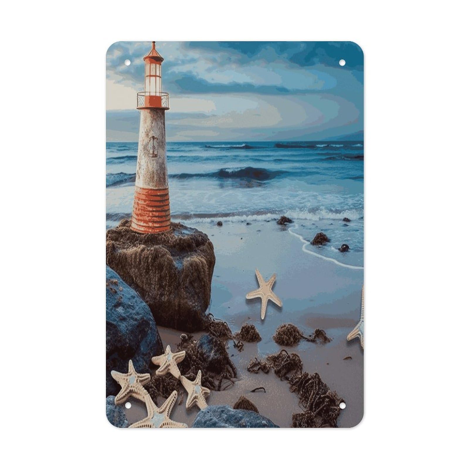 LDGSUPH Starfish Lighthouse Beach Wall Art Prints Folded Edge Iron Sheet Painting with Holes for Wall Prints Decorative Picture Metal Signboard Decor Painting for Outdoor Indoor Wall Decor