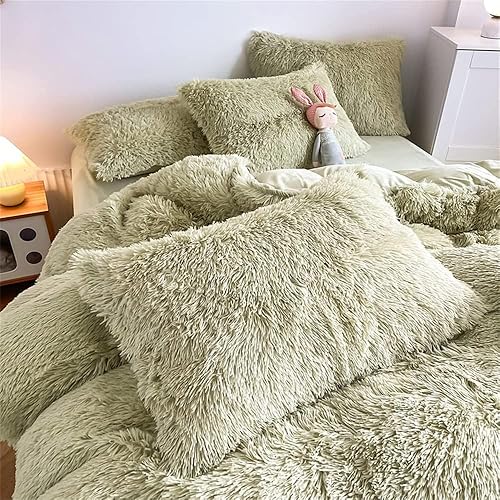Miniatura 6 de chovy Funda de edredón de felpa de pelo sintético verde claro, tamaño Queen, juego de cama de 3 piezas, ultra suave, lanudo de franela de terciopelo