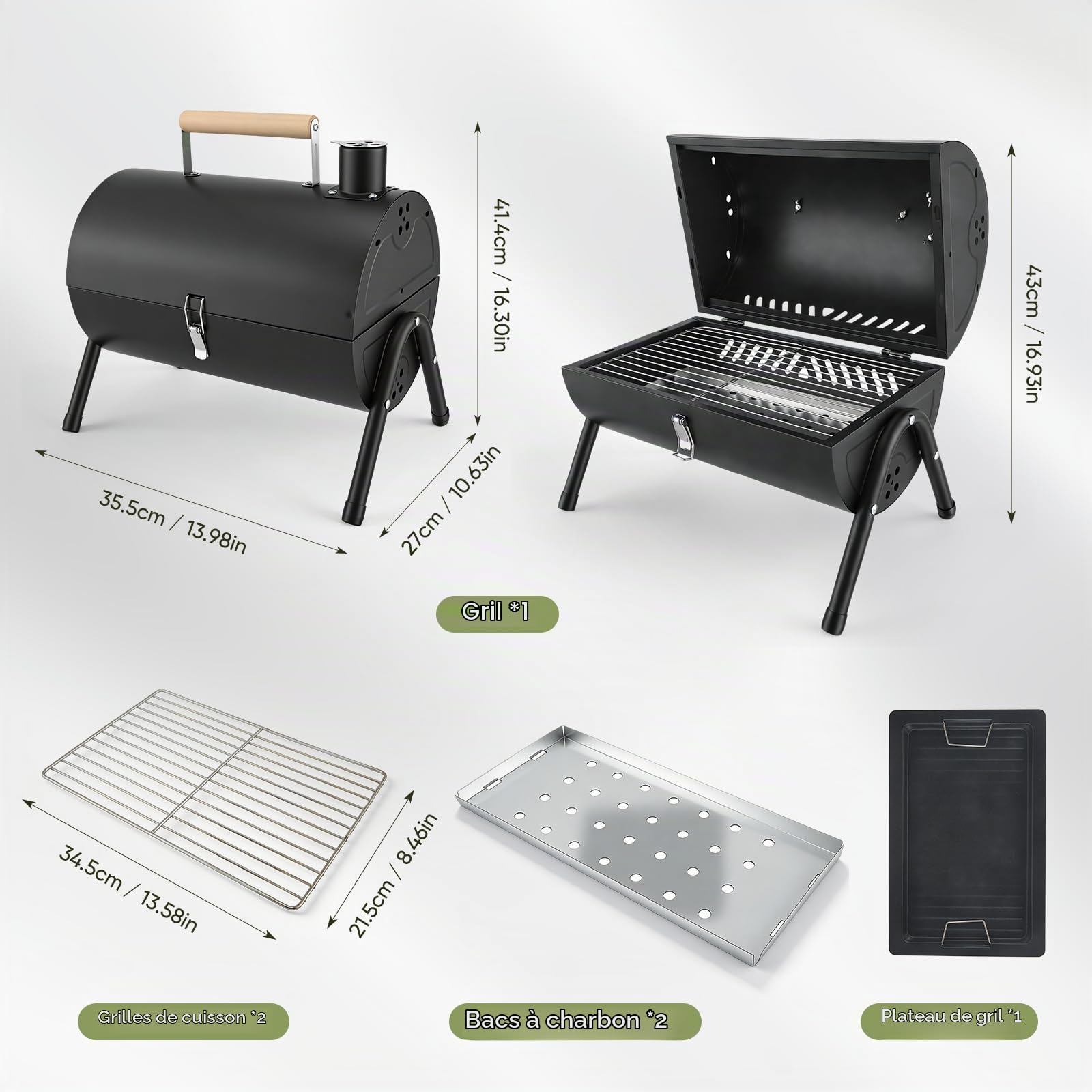 Barbecue portable de camping, barbecue tambour d'extérieur, idéal pour la plage, le camping-car, le jardin et les fêtes. Noir, avec 1 plateau de cuisson et 2 grilles