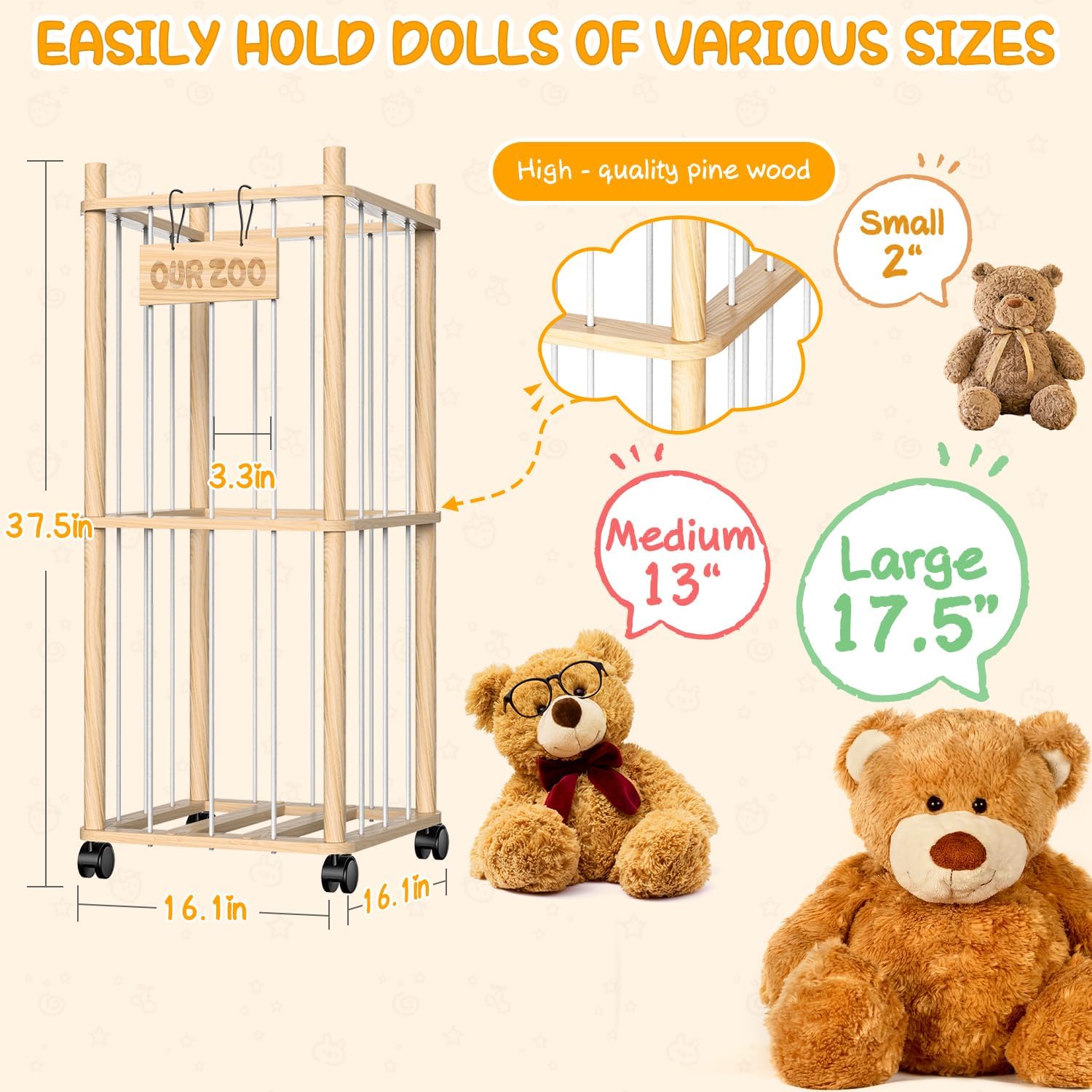 Stuffed Animal Storage Organizer, Wooden Plushies Toy Zoo Holder with Wheels, Large Capacity Storage Tower for Toys, Mobile Toy Holder Cage for Kids Playroom, Nursery, Toddler Room, 2 Tier, Log
