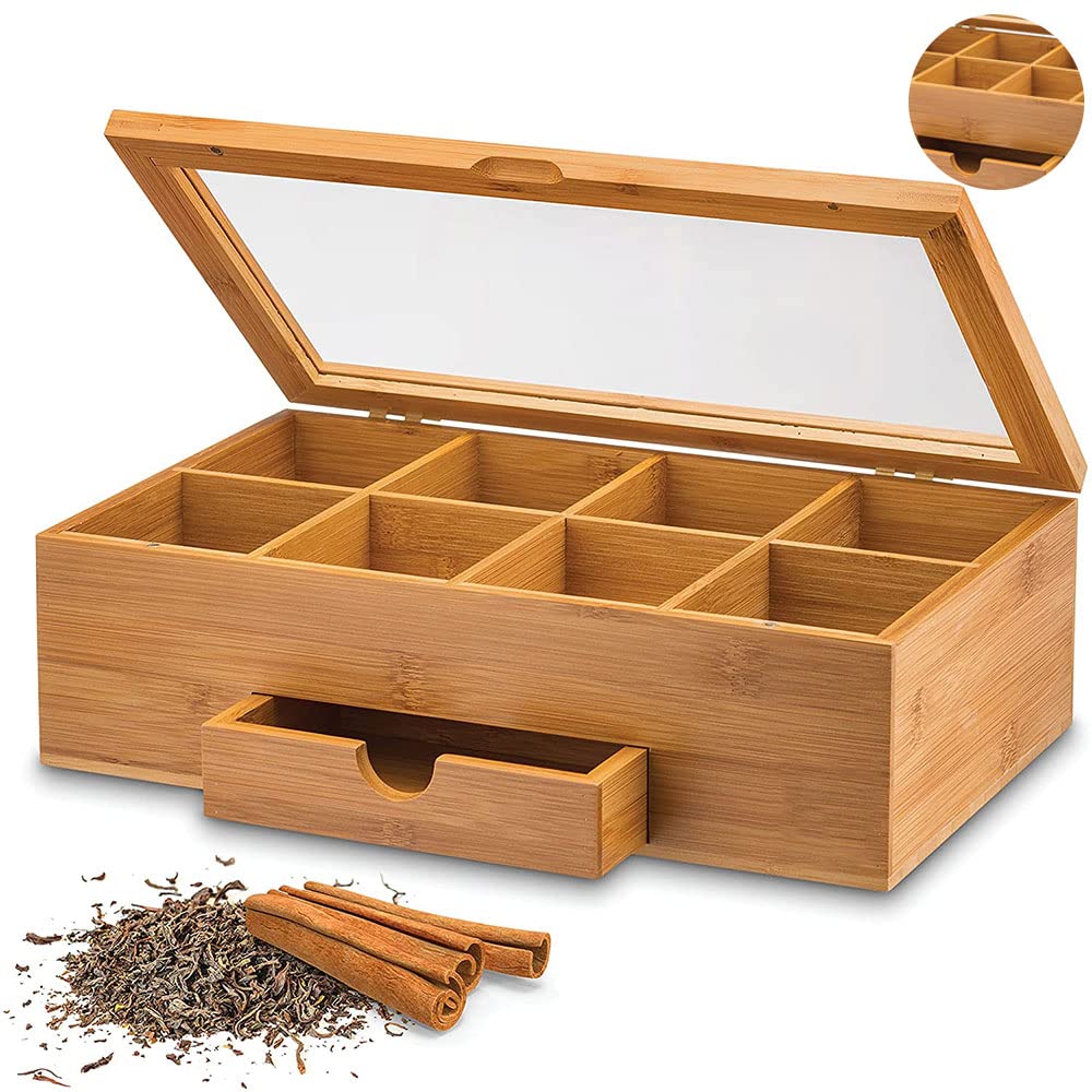 Luckyrao Premium Bamboo Tea Box Organizer - Wood Tea Chest with Slide-Out Drawer & Acrylic Window, Magnet Lid Keeps Teabag Fresh - Countertop & Cabinet Storage Organization (Teabags Not Included)