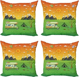 Ambesonne Camping Throw Pillow Cushion Case Pack of 4, National Mountain Park Campsite Landscape with Family Trailer Caravan and Tent, Modern Accent Double-Sided Digital Printing, 18", Multicolor